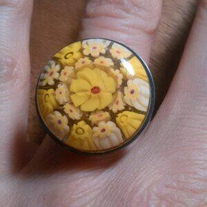 Yellow Murano Style Glass Stainless Steel Ring (Size 8)
